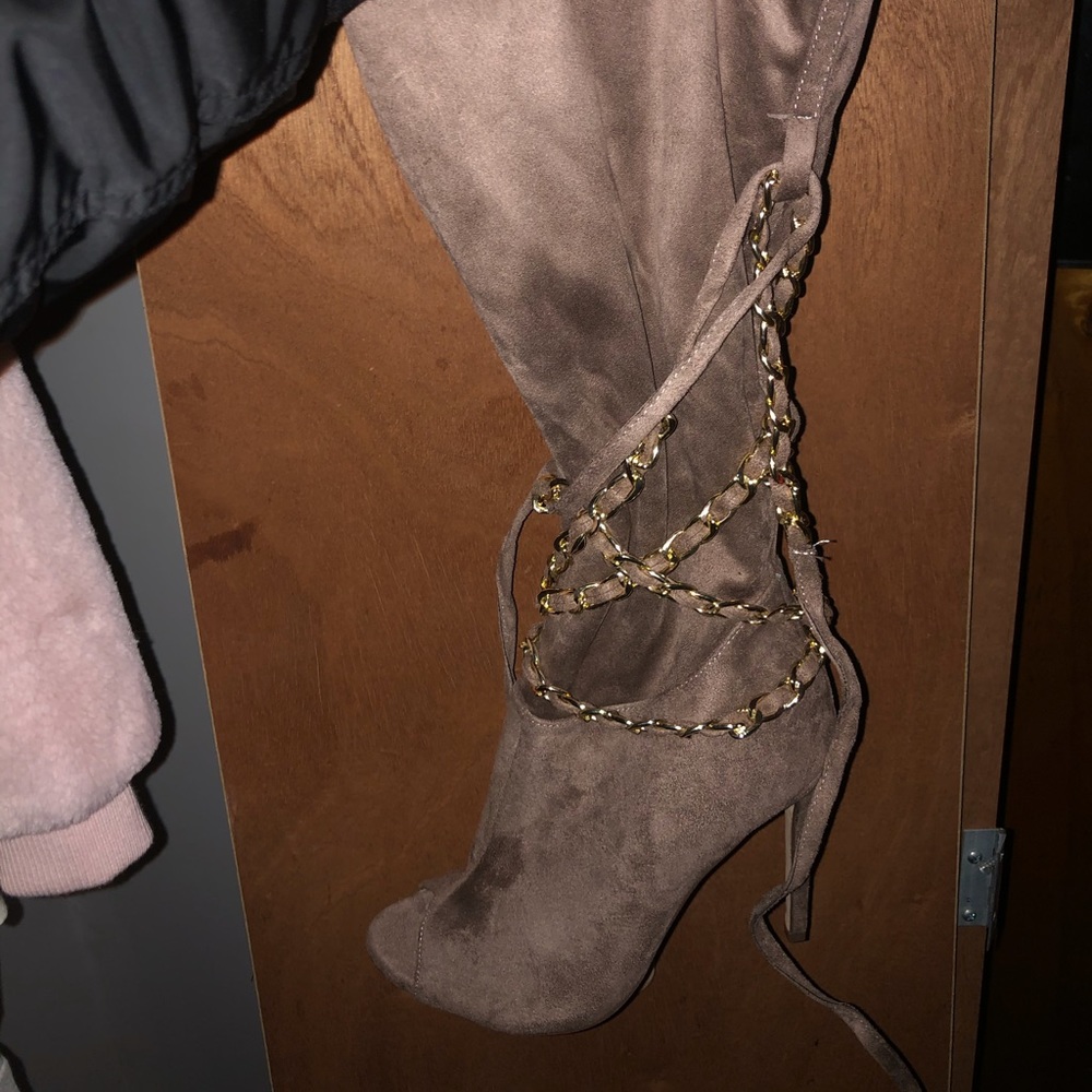 Taupe color about the calf open toe boot
